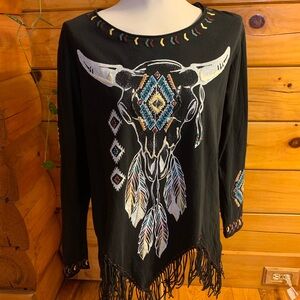 Double D Ranch Cow Skull Fringed Long Sleeve T-shirt Size Small